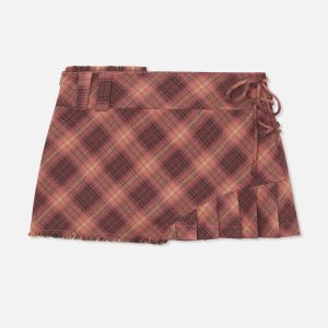 Pleat Burgundy Checkered Skirt